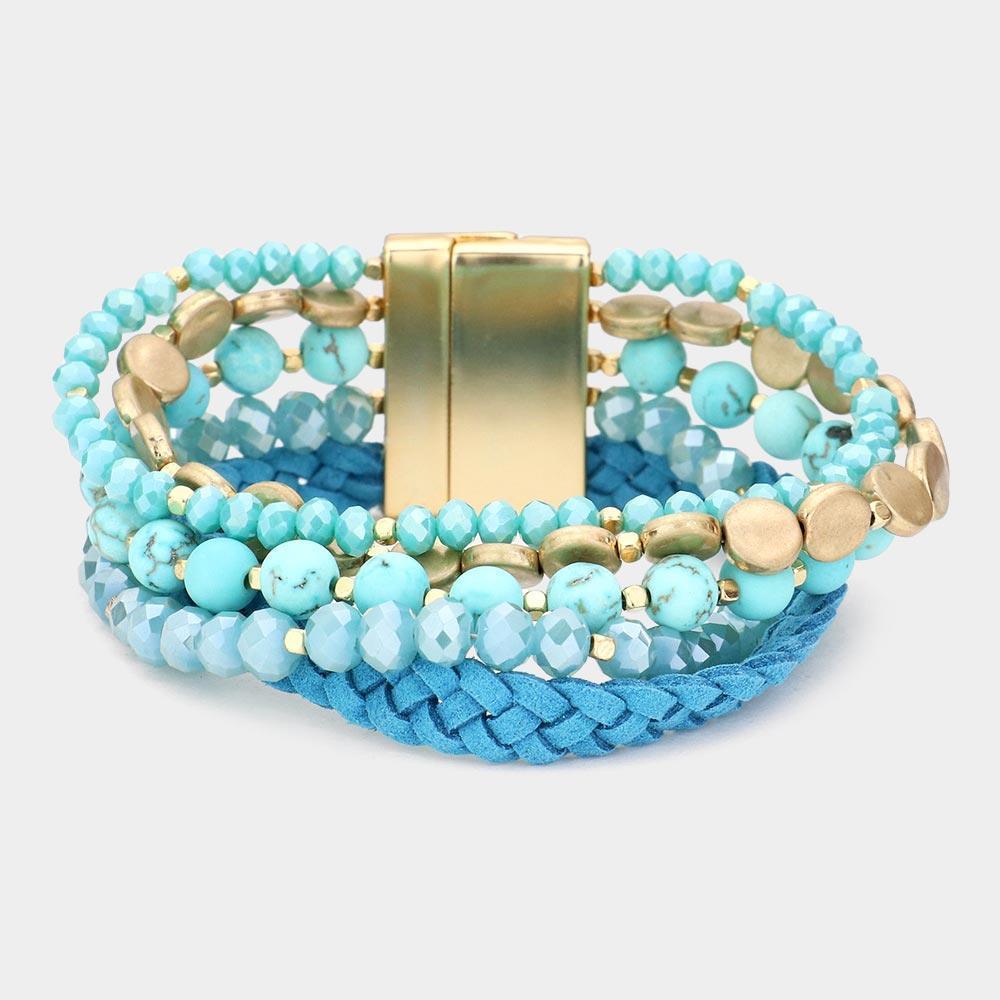 Turquoise Beads Braided Faux Leather Metal Coin Layered Magnetic Bracelet - Jewelry Store by Erik Rayo
