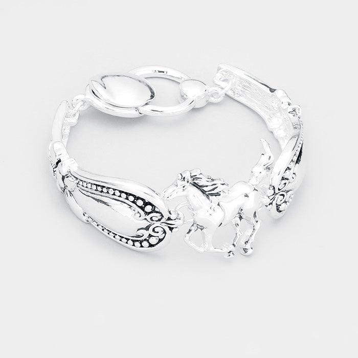 Silver Running Horse Centered Antique Metal Magnetic Bracelet - Jewelry Store by Erik Rayo