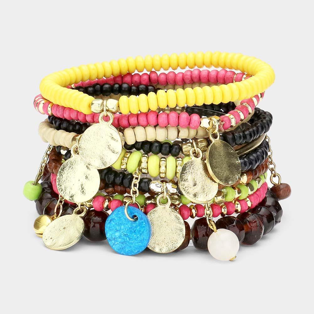 10PCS Metal Disc Charm Wood Multi Beaded Stretch Bracelets - Jewelry Store by Erik Rayo