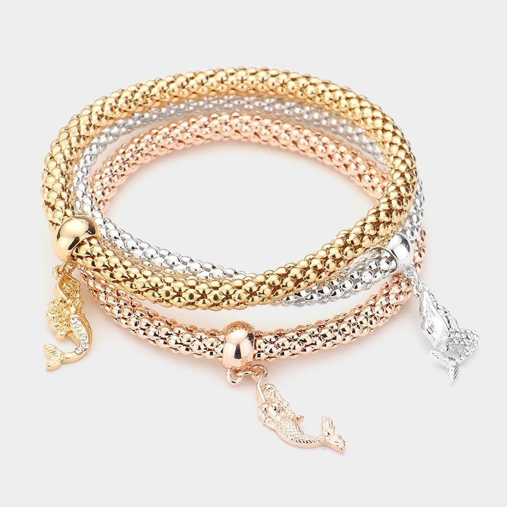 Three Tone 3PCS Rhinestone Embellished Metal Mermaid Charm Stretch Bracelets - Jewelry Store by Erik Rayo