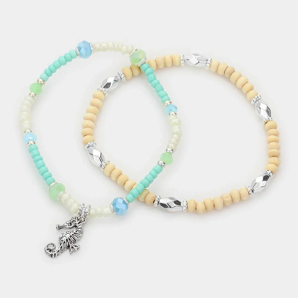 2PCS Seahorse Charm Wood Seed Beaded Stretch Bracelets - Jewelry Store by Erik Rayo