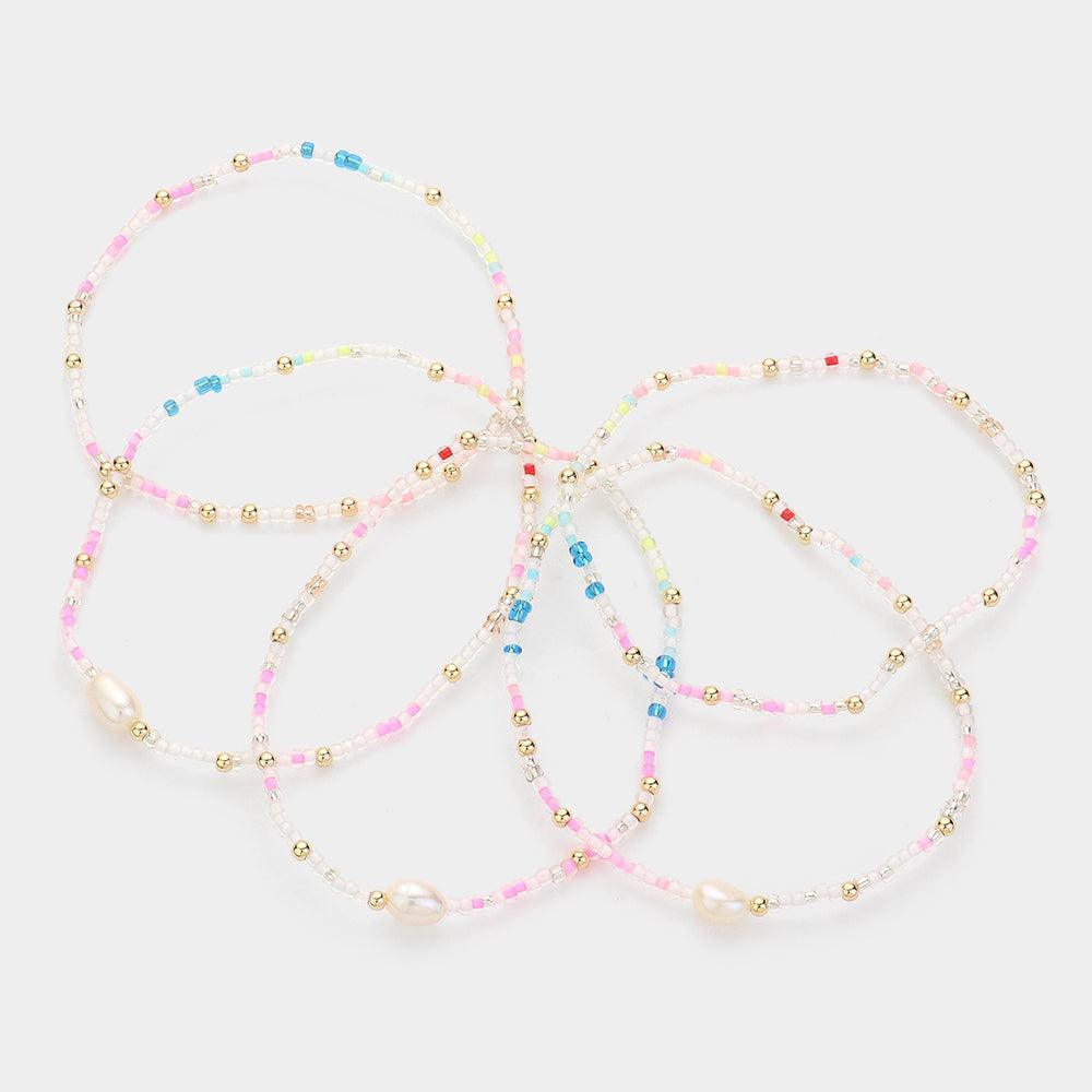 Gold 5PCS Pearl Pointed Seed Beaded Stretch Multi Layered Bracelets - Jewelry Store by Erik Rayo