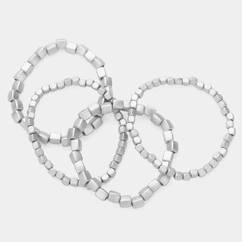 Silver 4PCS Metal Beads Stretch Multi Layered Bracelets - Jewelry Store by Erik Rayo