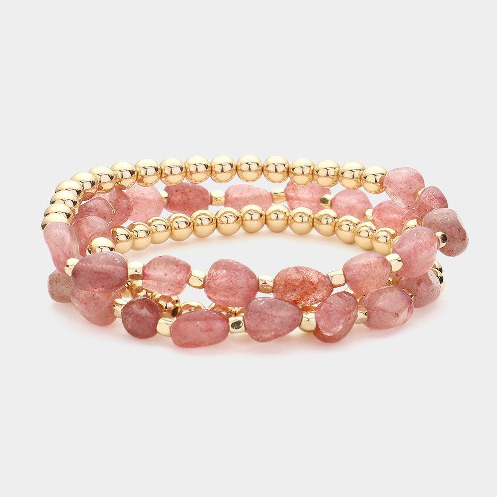 Gold 3PCS Natural Stone Accented Metal Ball Beaded Stretch Multi Layered Bracelets - Jewelry Store by Erik Rayo