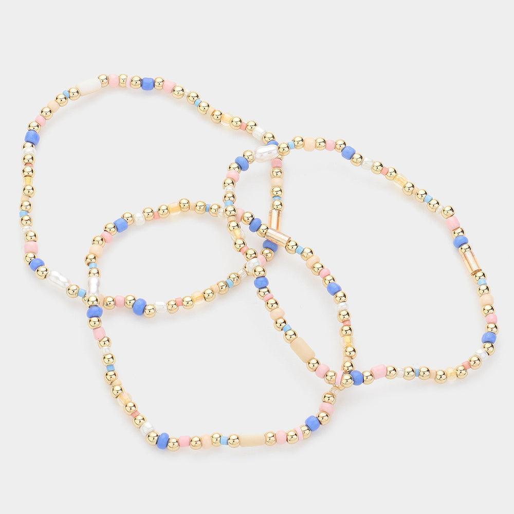 Blue 3PCS Pearl Pointed Seed Beaded Stretch Multi Layered Bracelets - Jewelry Store by Erik Rayo