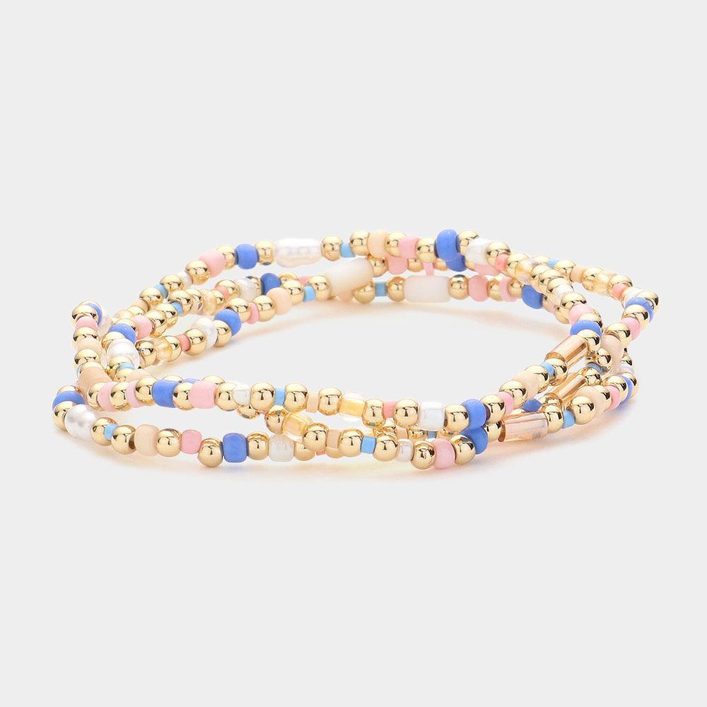 Blue 3PCS Pearl Pointed Seed Beaded Stretch Multi Layered Bracelets - Jewelry Store by Erik Rayo