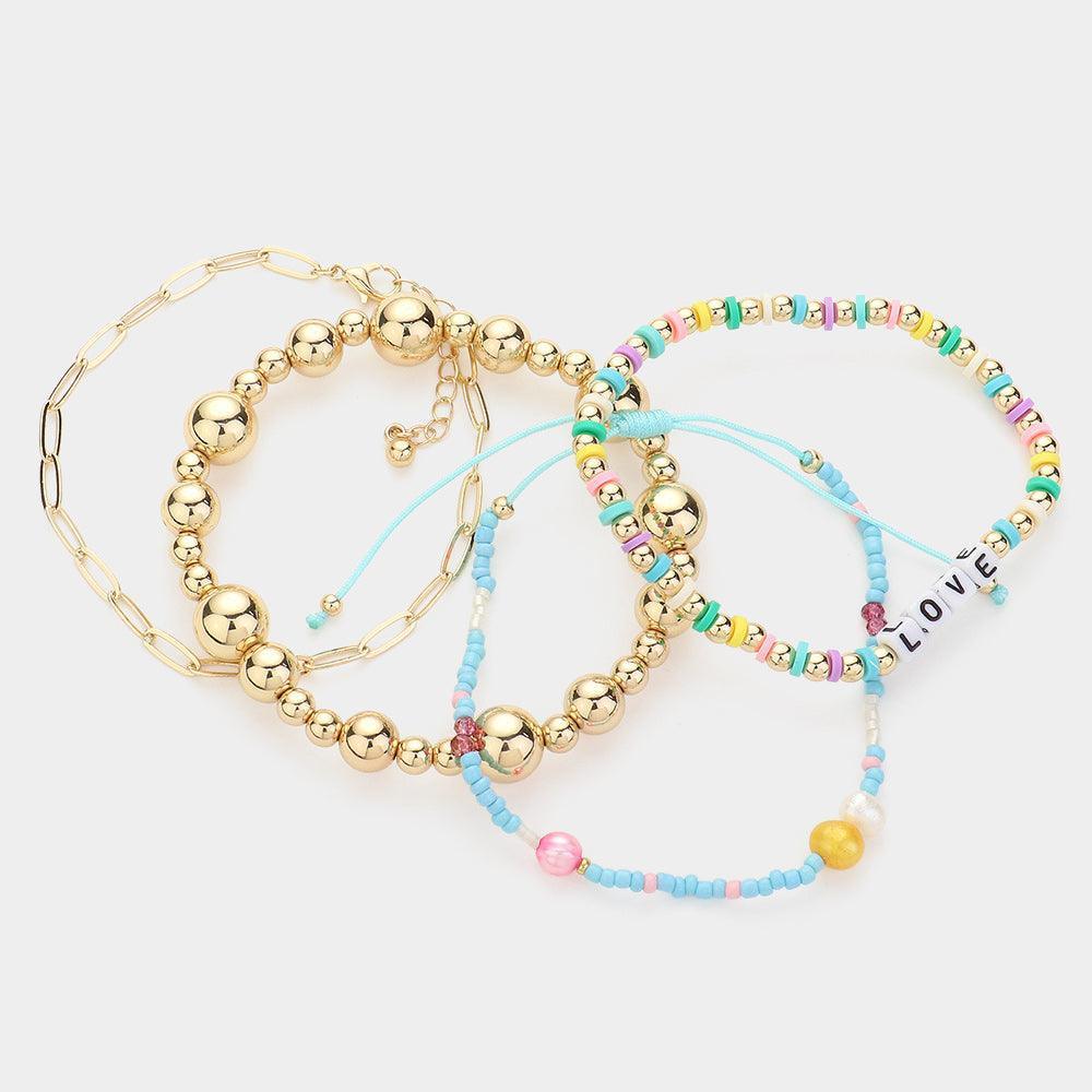 Turquoise 4PCS LOVE Message Heishi Beaded Oval Metal Link Metal Ball Stretch Multi Beads Adjustable Layered Bracelets - Jewelry Store by Erik Rayo