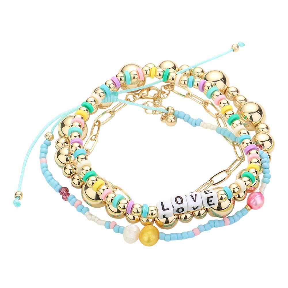 Turquoise 4PCS LOVE Message Heishi Beaded Oval Metal Link Metal Ball Stretch Multi Beads Adjustable Layered Bracelets - Jewelry Store by Erik Rayo
