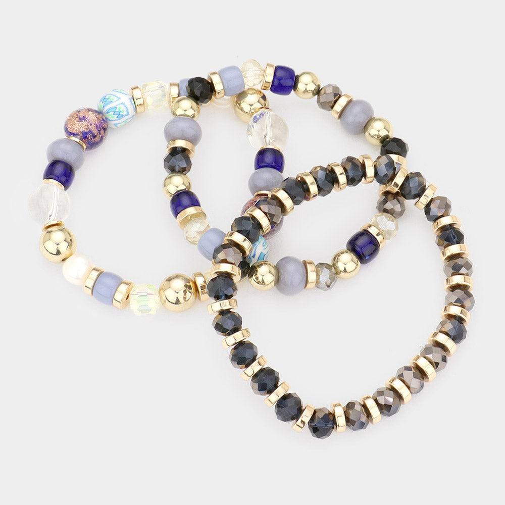 Blue 3PCS Glittered Ball Faceted Beaded Stretch Bracelets - Jewelry Store by Erik Rayo