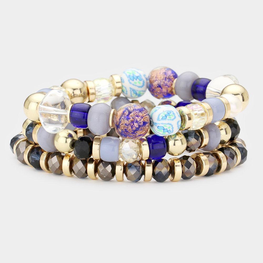 Blue 3PCS Glittered Ball Faceted Beaded Stretch Bracelets - Jewelry Store by Erik Rayo
