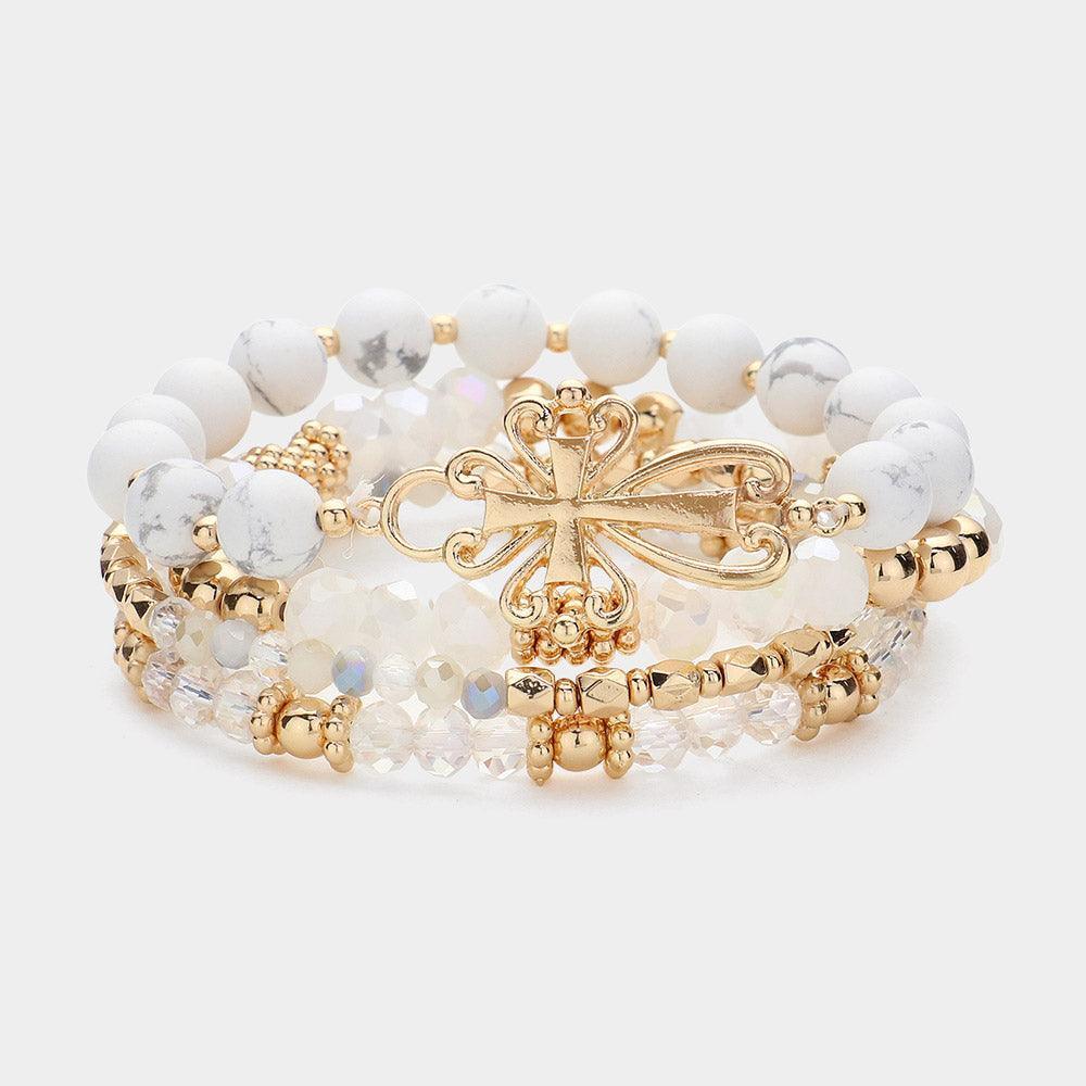 White 4PCS - Metal Cross Pendant Accented Faceted Beads Natural Stone Beaded Stretch Multi Layered Bracelets - Jewelry Store by Erik Rayo