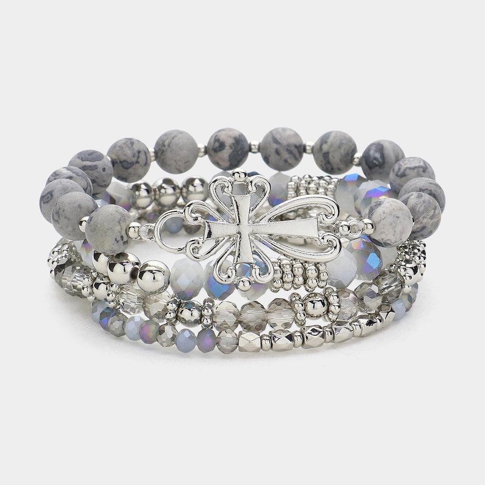 Silver 4PCS Metal Cross Pendant Accented Faceted Beads Natural Stone Beaded Stretch Multi Layered Bracelets - Jewelry Store by Erik Rayo