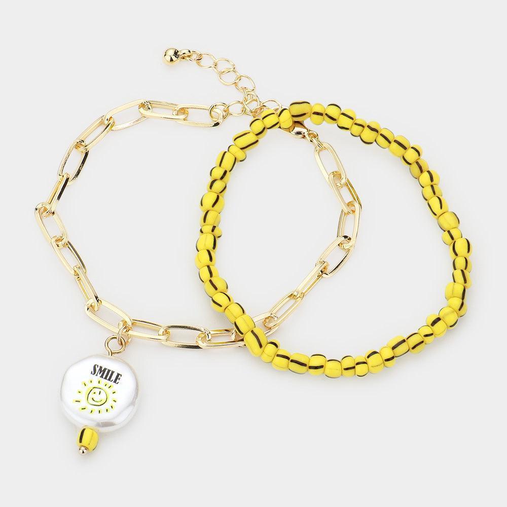 Yellow 2PCS Smile Sun Printed Freshwater Pearl Charm Bracelets - Jewelry Store by Erik Rayo