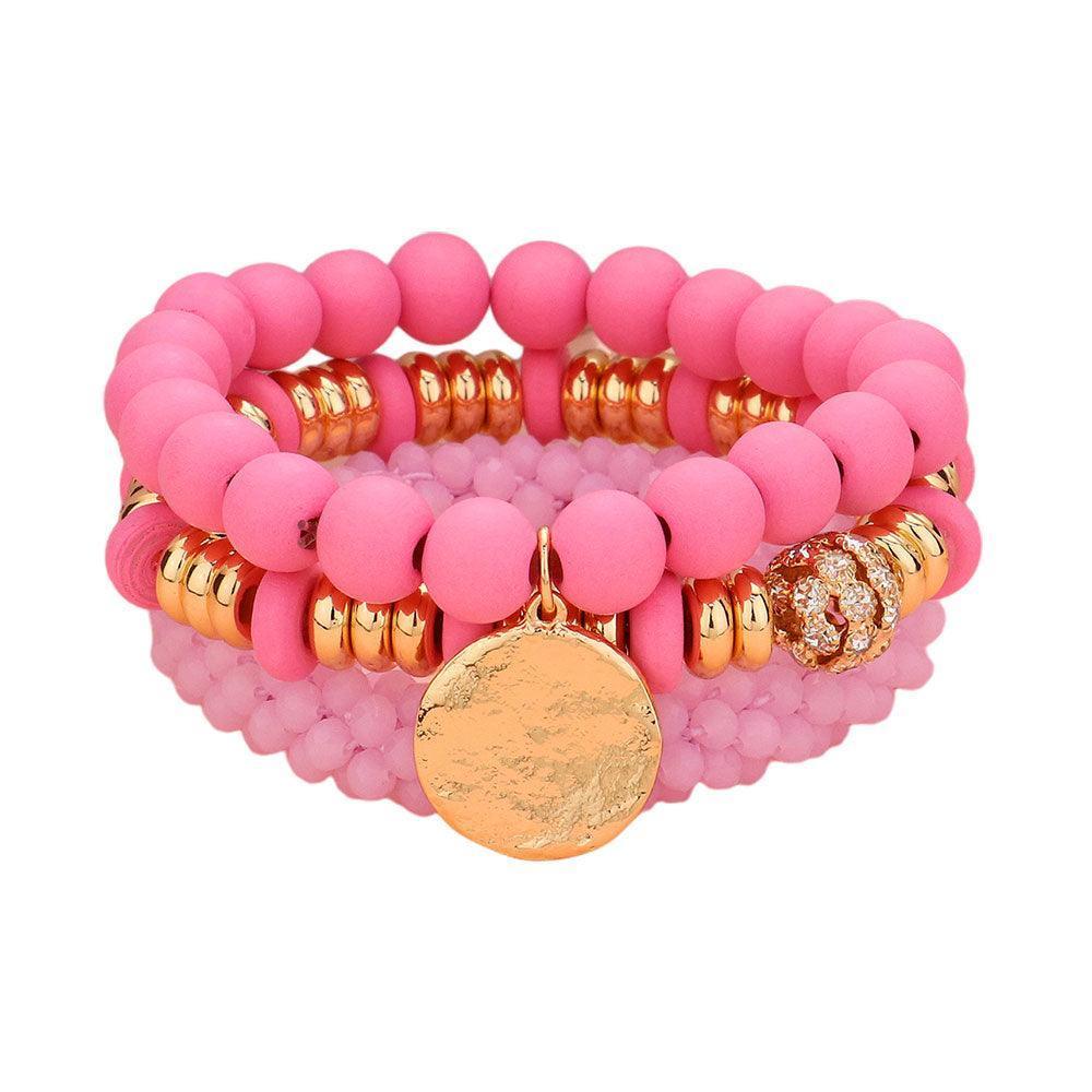 Pink 3PCS - Wood Faceted Beaded Hammered Metal Disc Charm Stretch Multi Layered Bracelets - Jewelry Store by Erik Rayo
