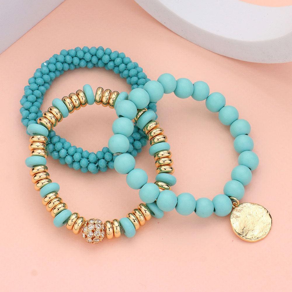 Turquoise 3PCS - Wood Faceted Beaded Hammered Metal Disc Charm Stretch Multi Layered Bracelets - Jewelry Store by Erik Rayo