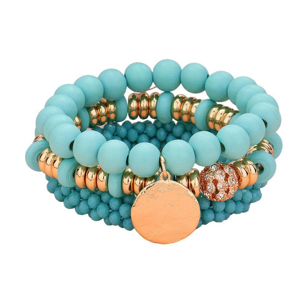 Turquoise 3PCS - Wood Faceted Beaded Hammered Metal Disc Charm Stretch Multi Layered Bracelets - Jewelry Store by Erik Rayo