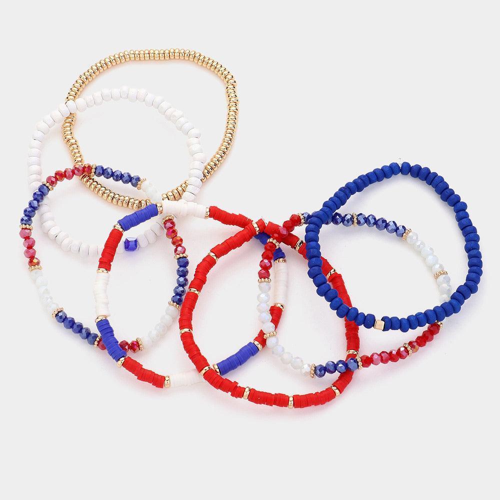 7PCS - American USA Flag Color Beaded Stretch Multi Layered Bracelets - Jewelry Store by Erik Rayo