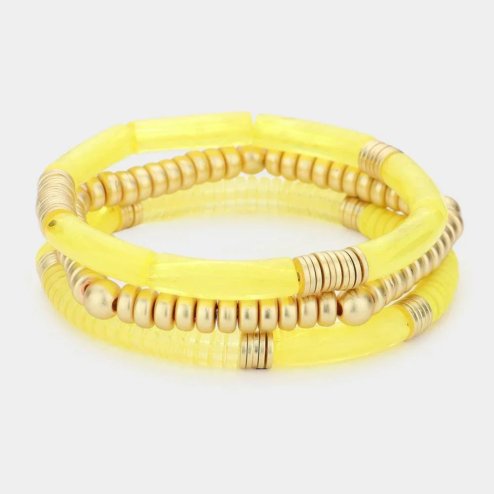 Yellow 3PCS Metal Ball Resin Beaded Stretch Bracelets - Jewelry Store by Erik Rayo