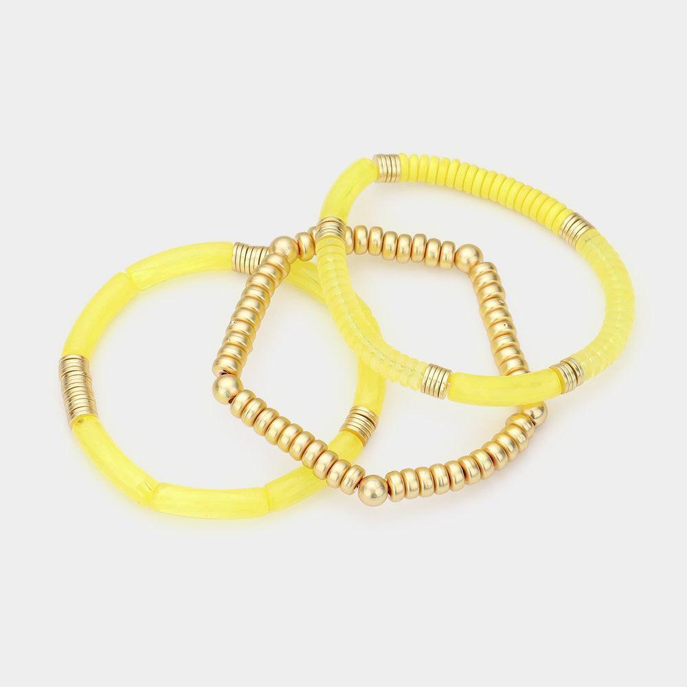 Yellow 3PCS Metal Ball Resin Beaded Stretch Bracelets - Jewelry Store by Erik Rayo