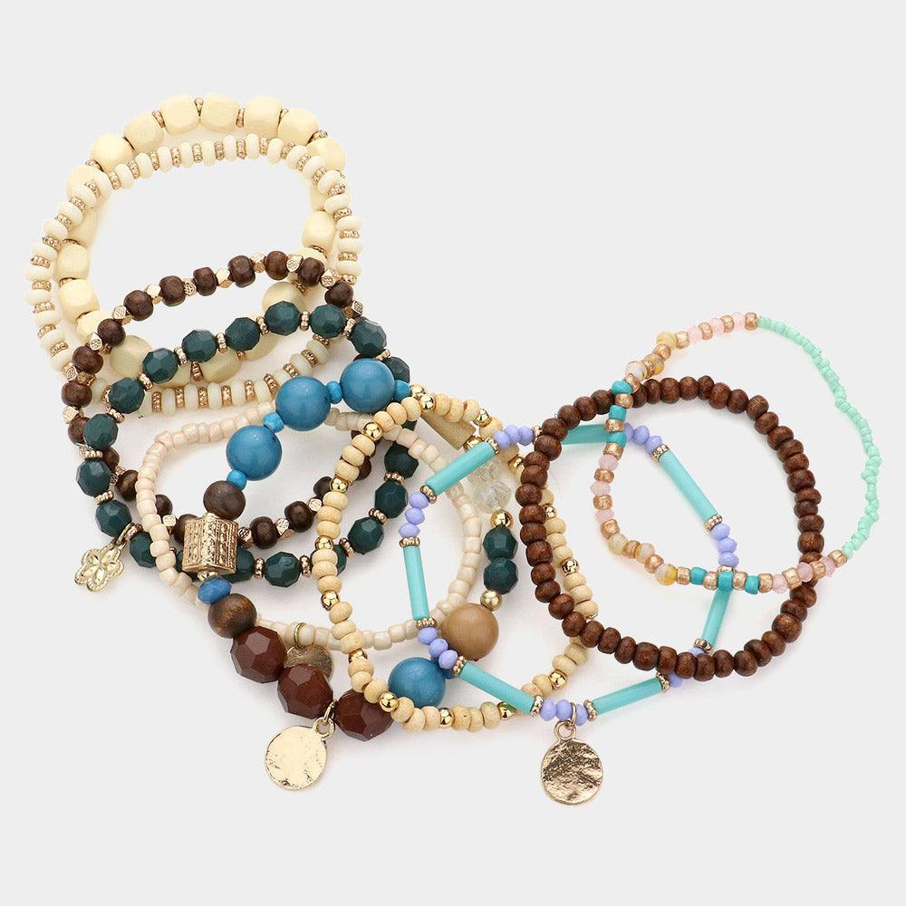 10PCS - Strand Wood Bead Turtle Stretch Layered Bracelets - Jewelry Store by Erik Rayo