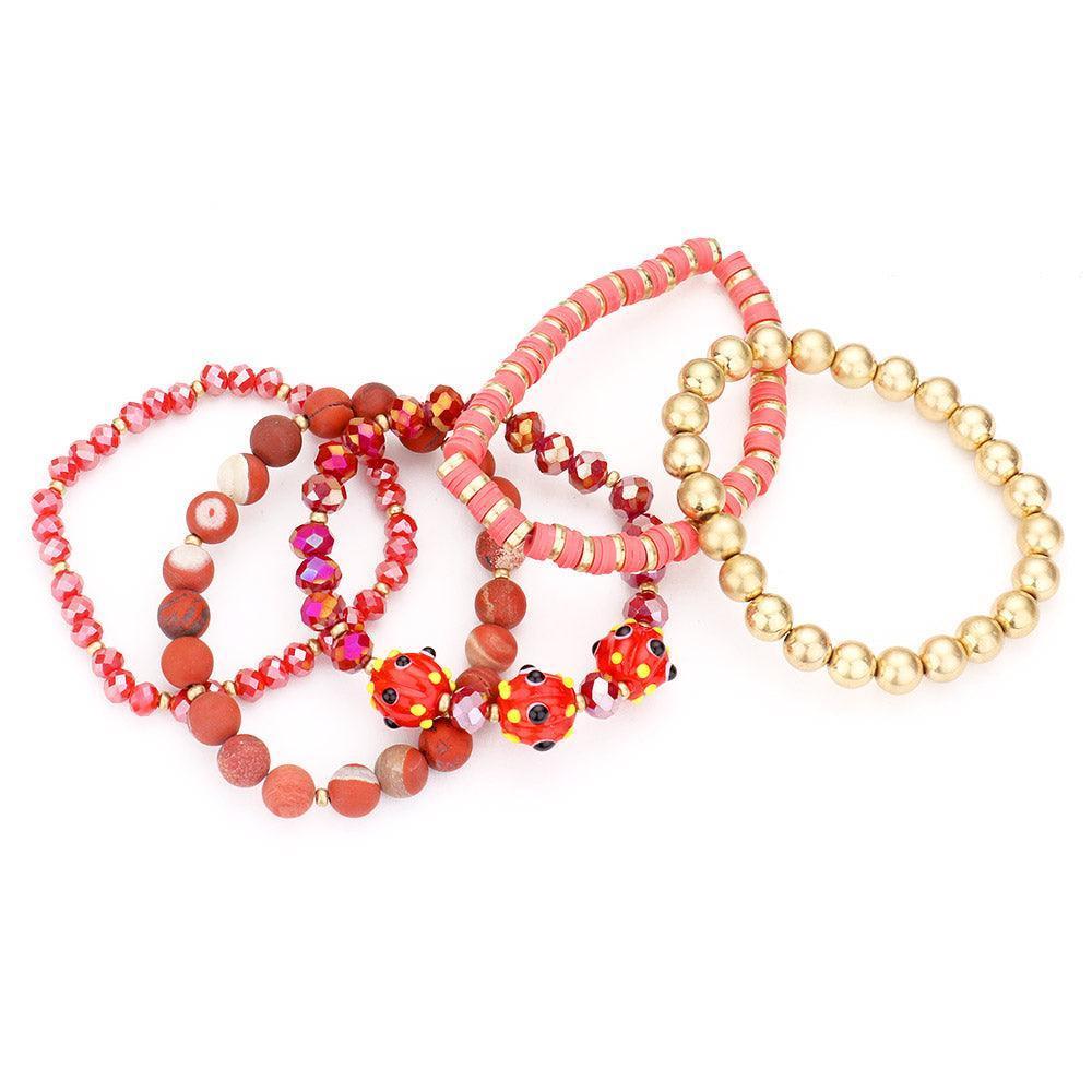 Red 5PCS Natural Stone Heishi Faceted Beaded Stretch Bracelets - Jewelry Store by Erik Rayo