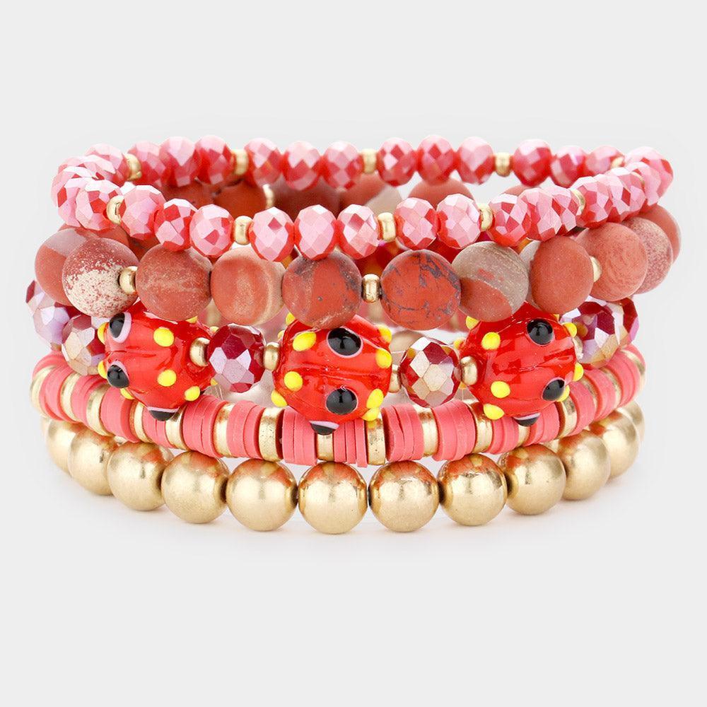 Red 5PCS Natural Stone Heishi Faceted Beaded Stretch Bracelets - Jewelry Store by Erik Rayo