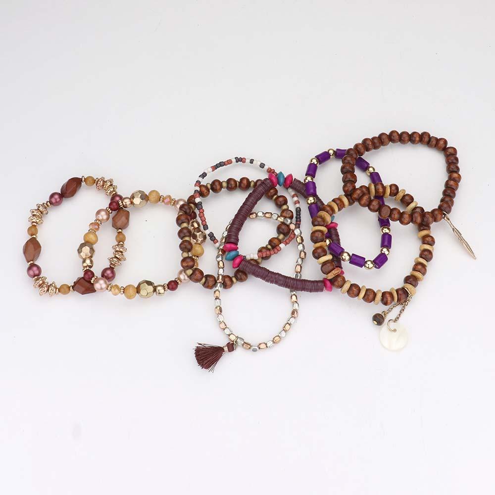 Purple 9PCS Tassel Metal Feather Mother of Pearl Charm Wood Beaded Stretch Bracelets - Jewelry Store by Erik Rayo