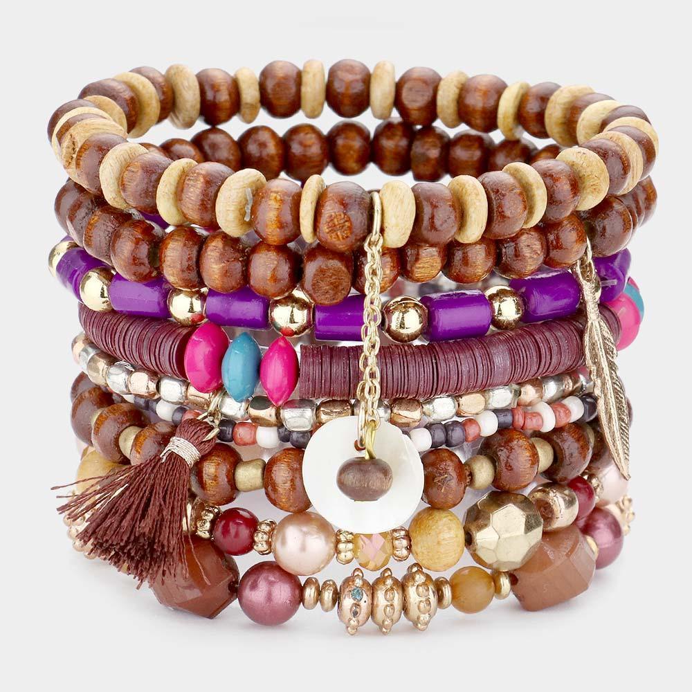Purple 9PCS Tassel Metal Feather Mother of Pearl Charm Wood Beaded Stretch Bracelets - Jewelry Store by Erik Rayo
