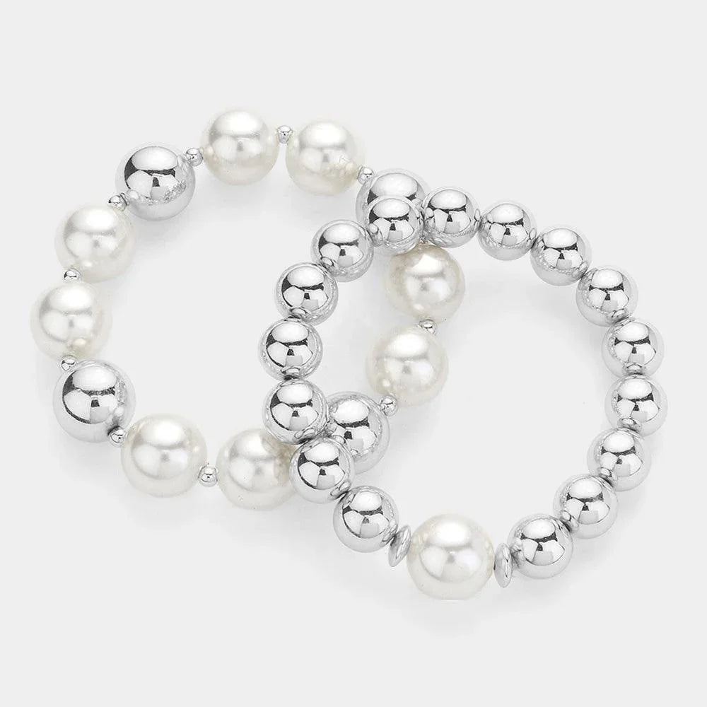 Cream 2PCS - Pearl Pointed Metal Ball Stretch Multi Layered Bracelets - Jewelry Store by Erik Rayo