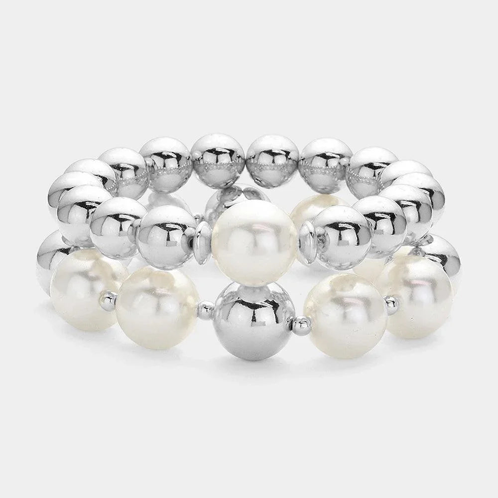 Cream 2PCS - Pearl Pointed Metal Ball Stretch Multi Layered Bracelets - Jewelry Store by Erik Rayo