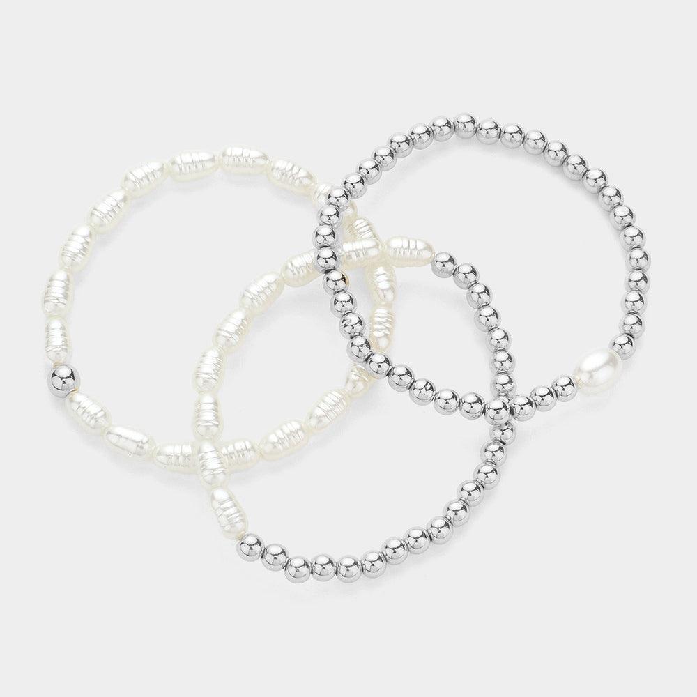 Cream 3PCS - Natural Pearl Metal Ball Beaded Stretch Multi Layered Bracelets - Jewelry Store by Erik Rayo