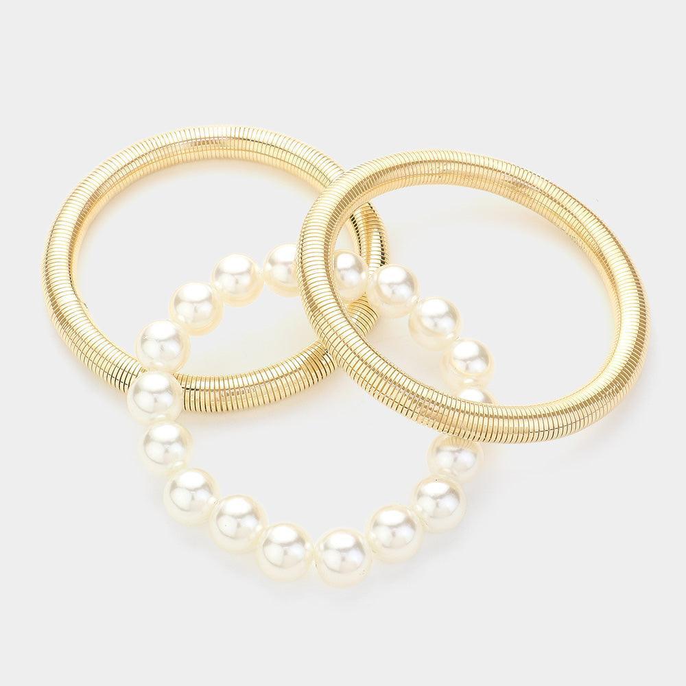 Cream 3PCS Pearl Beaded Metal Cable Multi Layered Stretch Bracelets - Jewelry Store by Erik Rayo