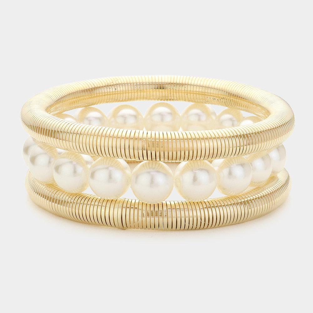 Cream 3PCS Pearl Beaded Metal Cable Multi Layered Stretch Bracelets - Jewelry Store by Erik Rayo