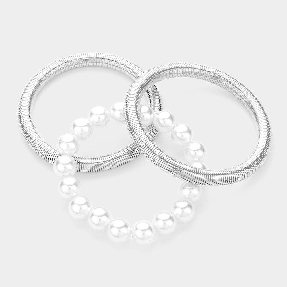 Cream 3PCS - Pearl Beaded Metal Cable Multi Layered Stretch Bracelets - Jewelry Store by Erik Rayo