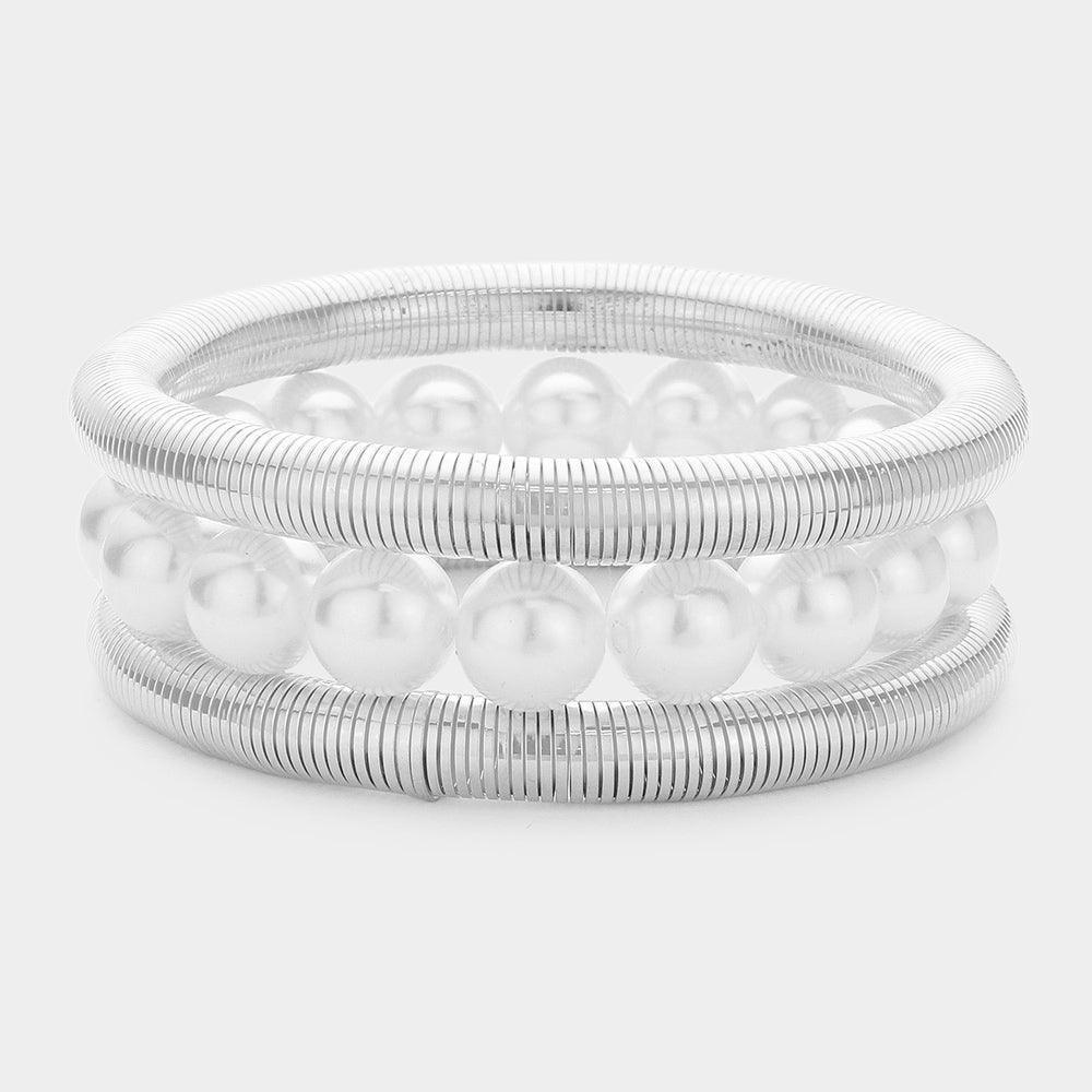 Cream 3PCS - Pearl Beaded Metal Cable Multi Layered Stretch Bracelets - Jewelry Store by Erik Rayo