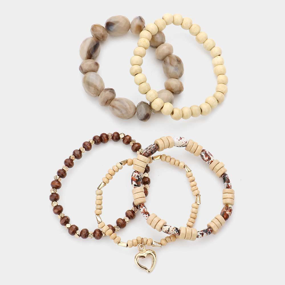 5PCS Heart Charm Wood Stretch Bracelets - Jewelry Store by Erik Rayo