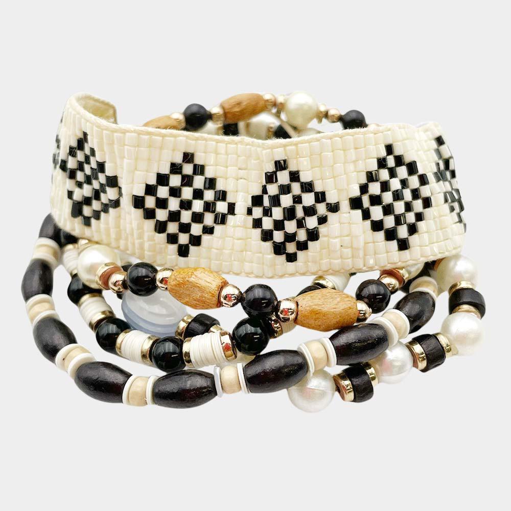 White 5PCS Boho Patterned Beaded Wood Pearl Bracelets - Jewelry Store by Erik Rayo