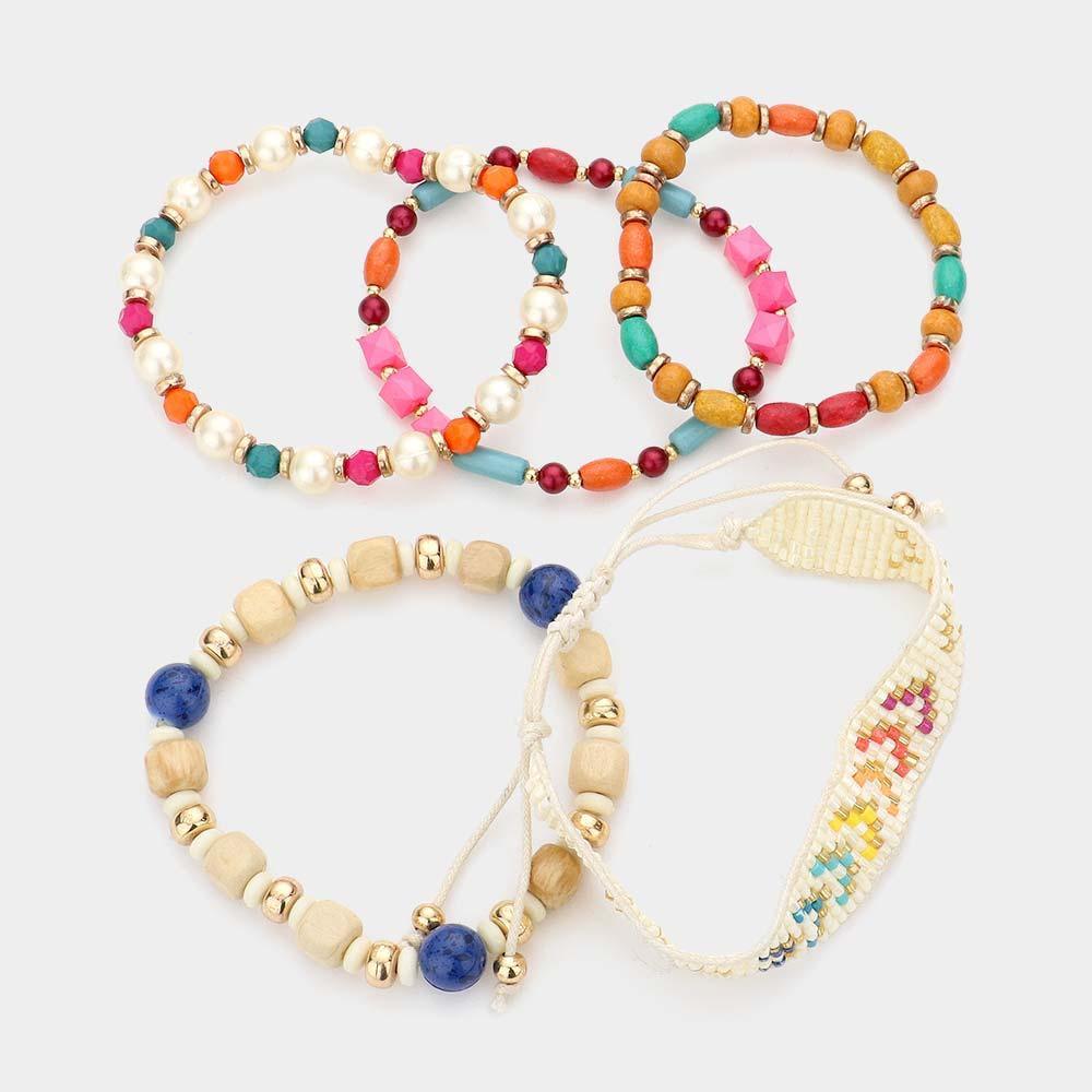 5PCS Chevron Patterned Beaded Wood Pearl Bracelets - Jewelry Store by Erik Rayo
