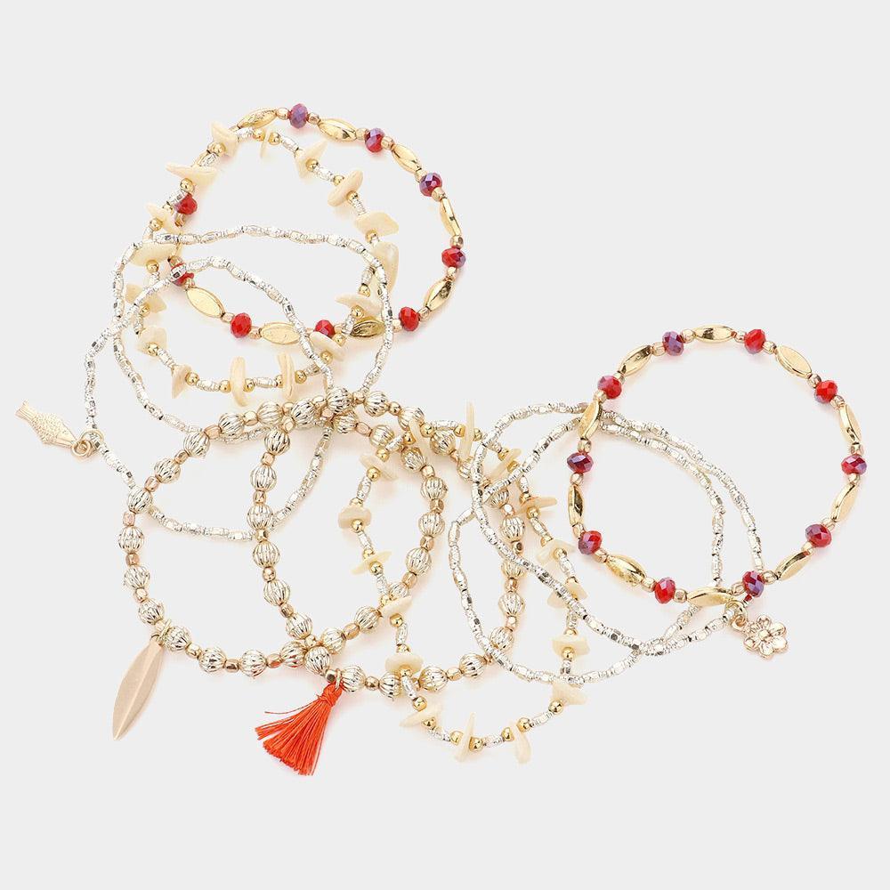 Gold 10PCS Swirl Metal Disc Tassel Charm Mother Of Pearl Beaded Fish Flower Charms Stretch Multi Layered Bracelets - Jewelry Store by Erik Rayo