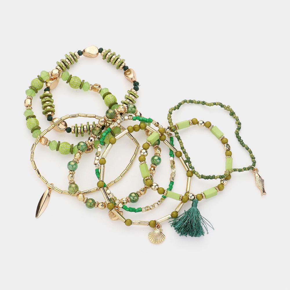 Green 8PCS - Metal Shell Fish Tassel Charm Multi Beads Layered Bracelets - Jewelry Store by Erik Rayo