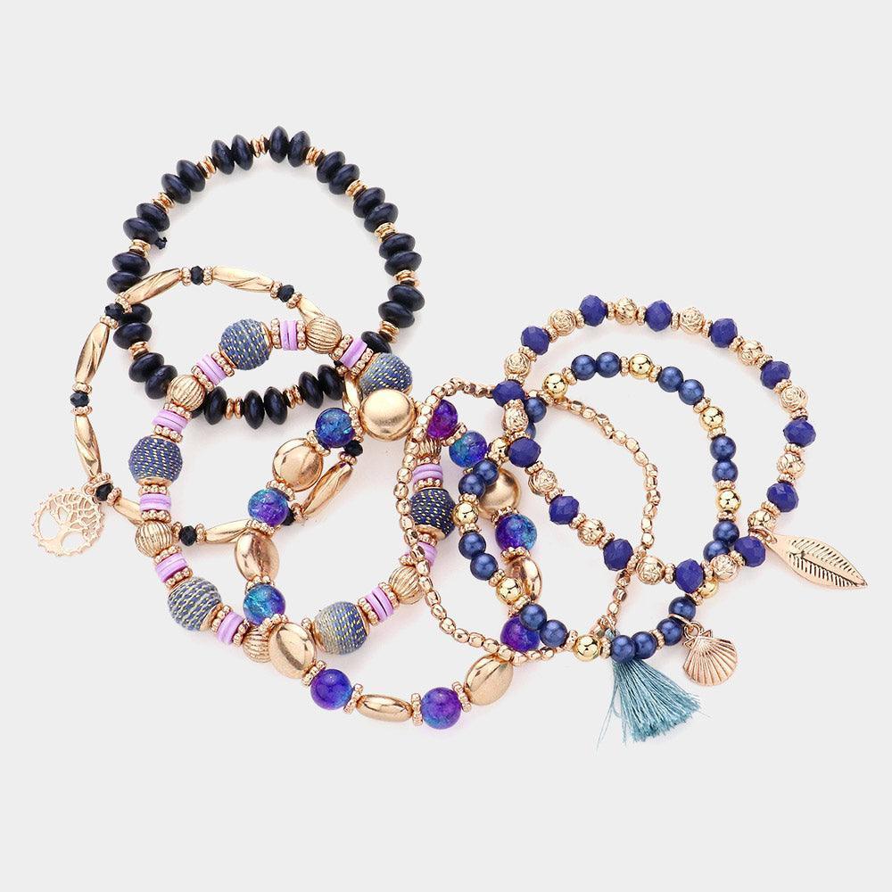 7PCS - Faceted Beads Rose Beaded Tassel Leaf Shell Tree Of Life Charm Stretch Multi Layered Bracelets - Jewelry Store by Erik Rayo