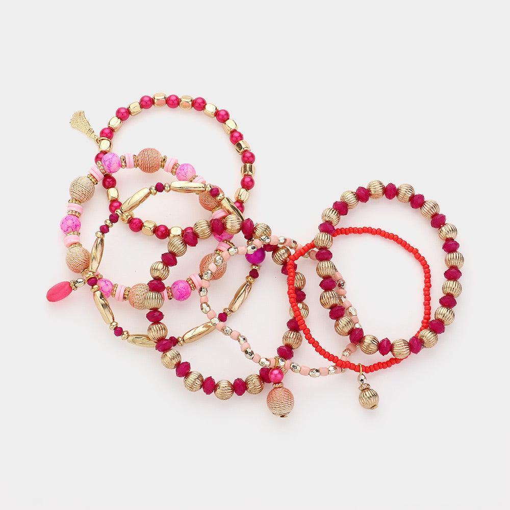 Pink 7PCS - Multi Beads Beaded Layered Bracelets - Jewelry Store by Erik Rayo