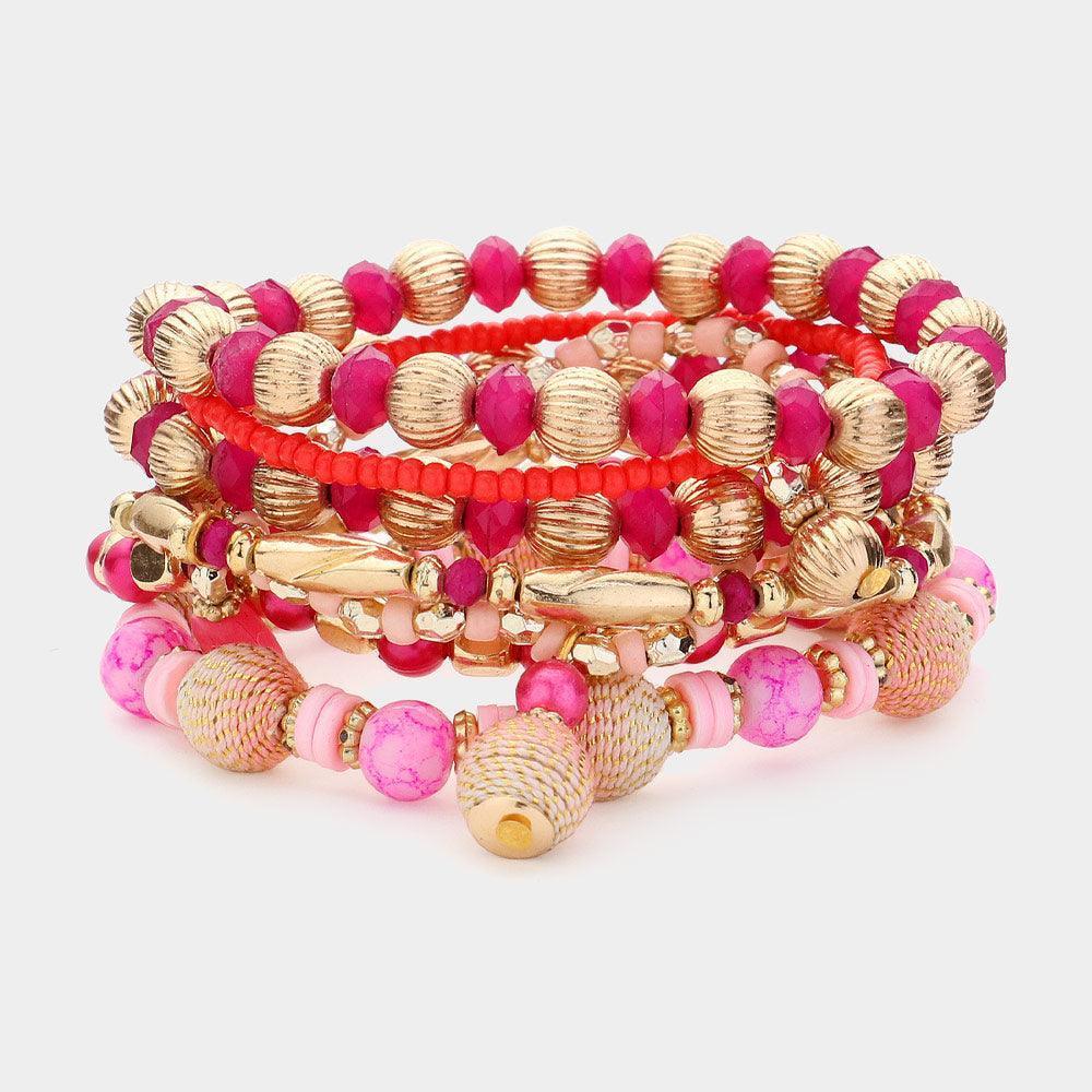 Pink 7PCS - Multi Beads Beaded Layered Bracelets - Jewelry Store by Erik Rayo