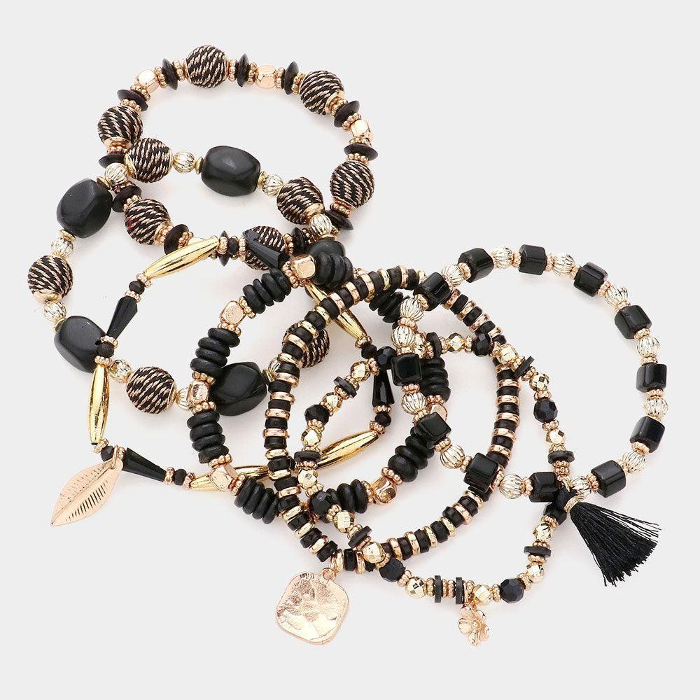 Black 7PCS Faceted Beads Thread Wrapped Ball Wood Beaded Leaf Flower Tassel Charm Stretch Multi Layered Bracelets - Jewelry Store by Erik Rayo