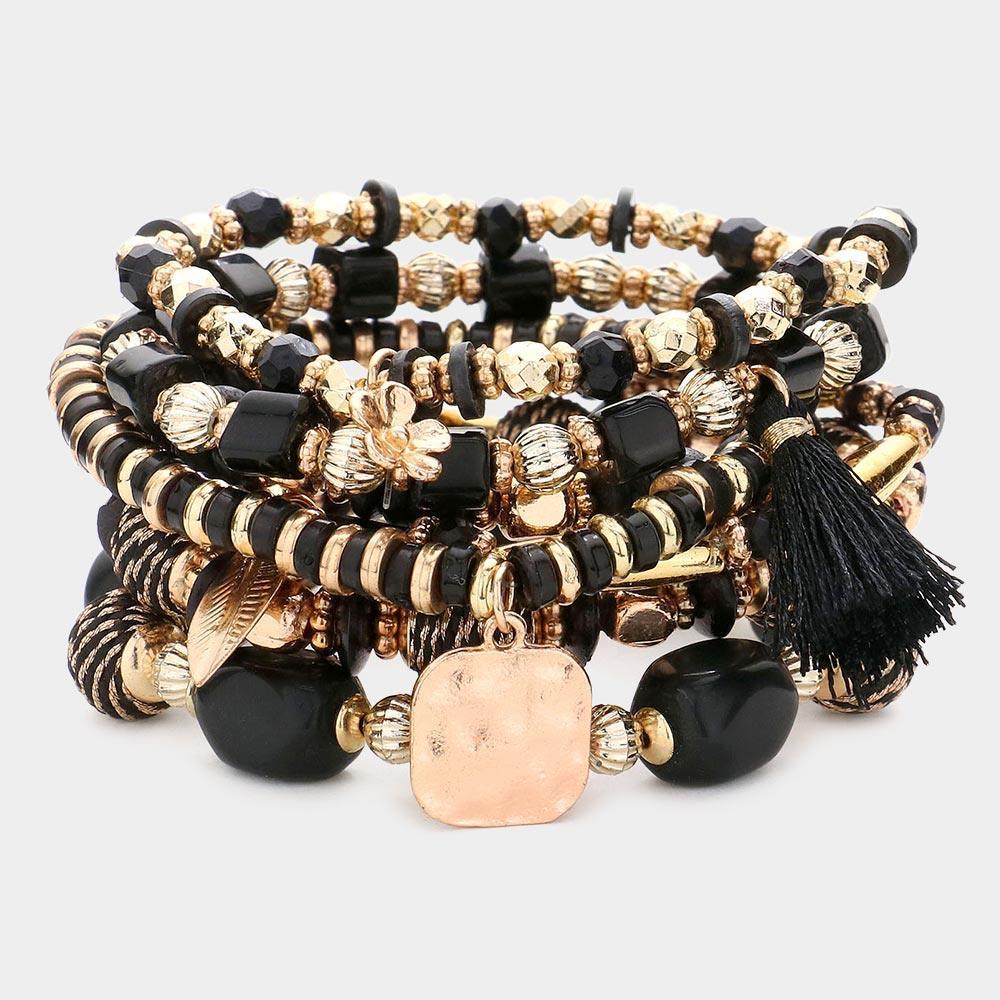 Black 7PCS Faceted Beads Thread Wrapped Ball Wood Beaded Leaf Flower Tassel Charm Stretch Multi Layered Bracelets - Jewelry Store by Erik Rayo