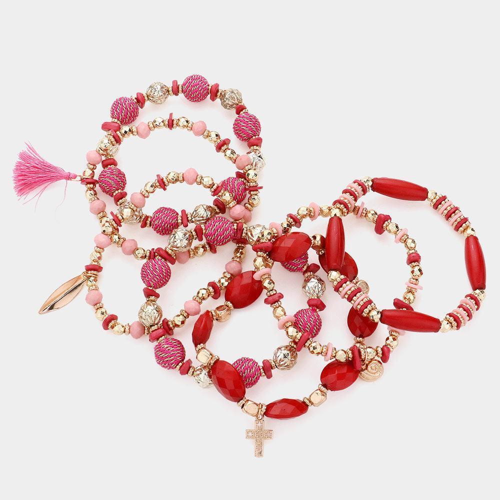 Pink 7PCS - Wood Faceted Beads Thread Wrapped Ball Wrapped Tassel Arrow Ammonite Cross Charm Stretch Multi Layered Bracelets - Jewelry Store by Erik Rayo