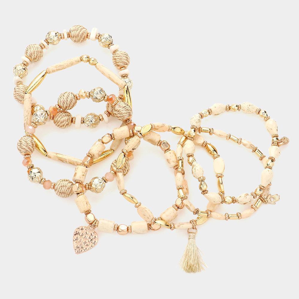 Ivory 7PCS - Wood Faceted Beads Thread Wrapped Ball Beaded Tassel Hammered Heart Charm Stretch Multi Layered Bracelets - Jewelry Store by Erik Rayo