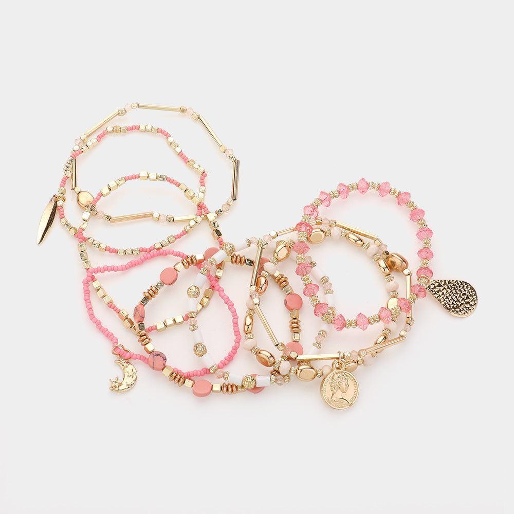 Pink 9PCS - Metal Coin Moon Charm Multi Beads Beaded Layered Bracelets - Jewelry Store by Erik Rayo