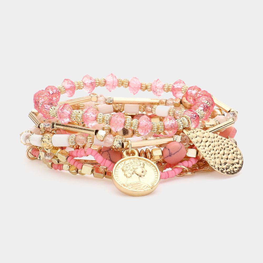 Pink 9PCS - Metal Coin Moon Charm Multi Beads Beaded Layered Bracelets - Jewelry Store by Erik Rayo