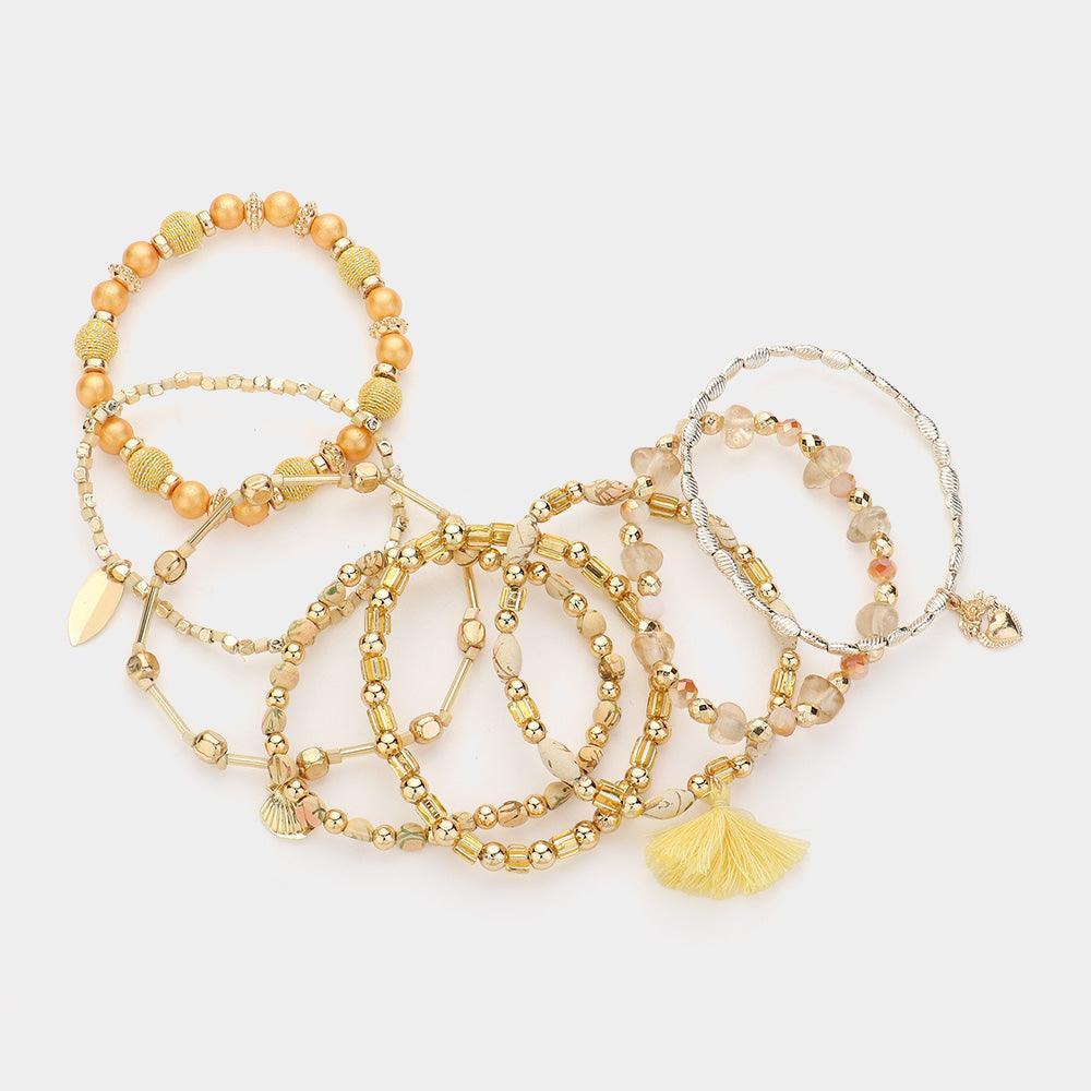 Ivory 8PCS - Metal Shell Heart Tassel Charm Multi Beads Beaded Layered Bracelets - Jewelry Store by Erik Rayo